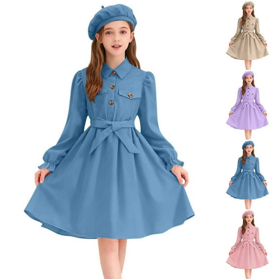 Girls Casual Shirts Dress Beret Hat Sets Vacation Vintage Ruffle Long Sleeve Dresses Kids Comfy Flowy Spring Fall Outfits With Belt