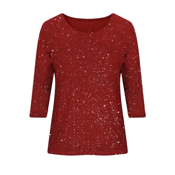 Girls Casual Shirts Lurex 3/4 Sleeve Blouse Loose Round Neck Solid Color Shiny Sequins Top Tunic Shirt for Kids