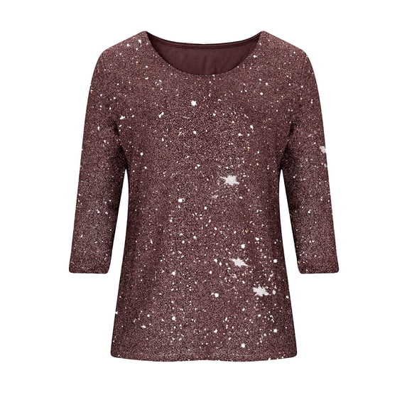 Girls Casual Shirts Lurex 3/4 Sleeve Blouse Loose Round Neck Solid Color Shiny Sequins Top Tunic Shirt for Kids