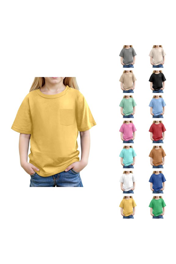 Girls Casual Shirts with Pocket Summer Pure Color Tee for School Beach and Outings Comfortable Short Sleeve T-Shirts for Kids