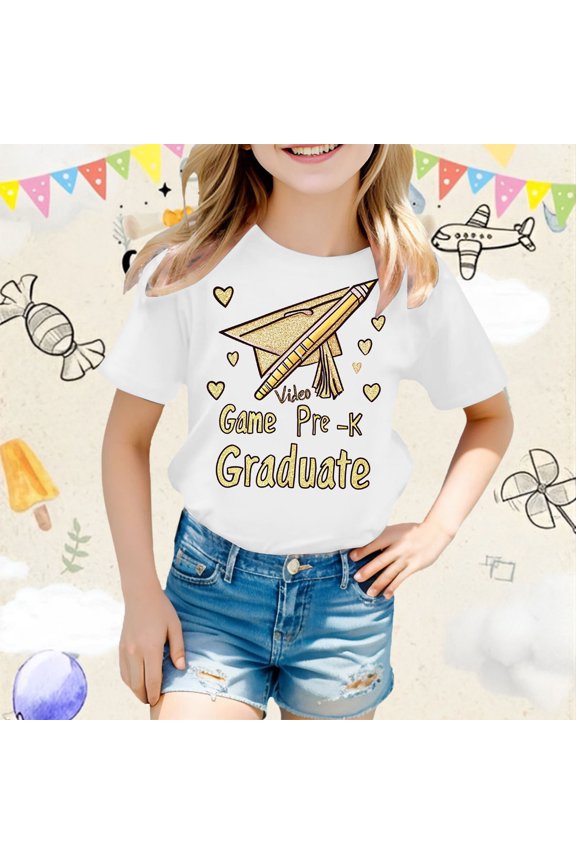 Girls Casual Short Sleeve Cartoon Print Tee Round Neck Loose Fit Top for Everyday Wear and Occasions Short Sleeve Shirt for Girls Tees Kids Tshirts Clothes Summer Tops T-Shirt