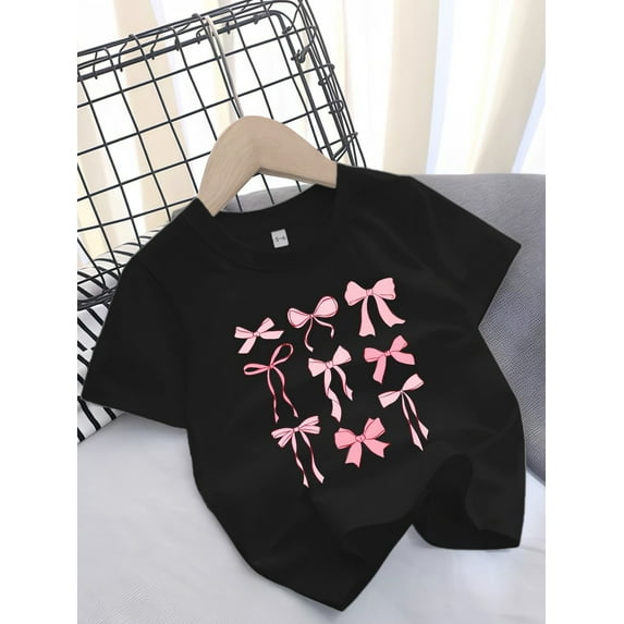 Girls' Casual Short-Sleeve Crew Neck T-Shirt with Cute Bow Print, Cotton Knit Fabric with Slight Stretch, Regular Fit for Ages 12 and Under Leisure Outing Tees, Casual Cute Tee, Comfy Top