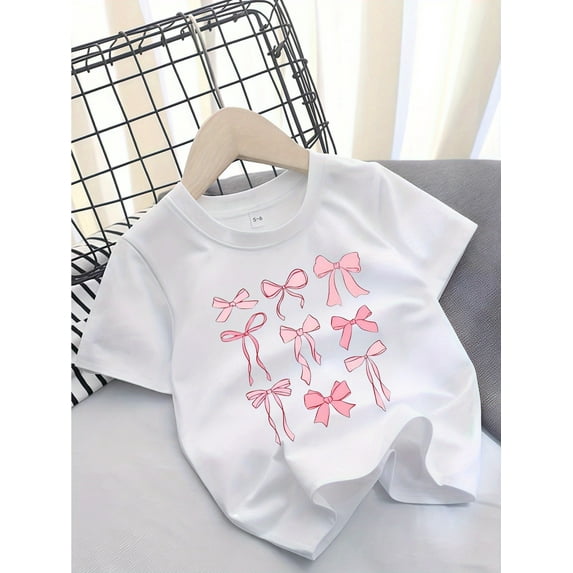 Girls' Casual Short-Sleeve Crew Neck T-Shirt with Cute Bow Print, Cotton Knit Fabric with Slight Stretch, Regular Fit for Ages 14 and Under