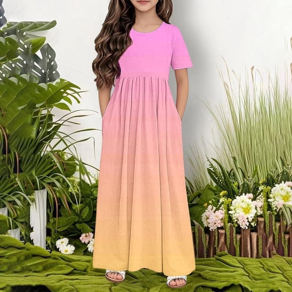 Girls' Casual Short Sleeve Round Neck Gradient Dress with Pockets Long Skirt