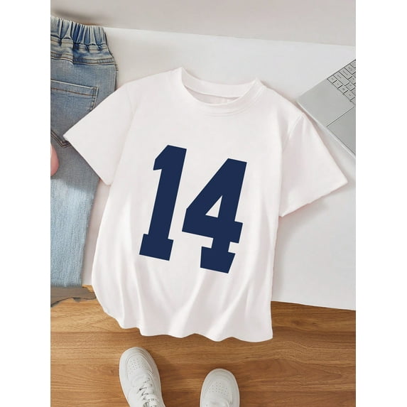 Girls' Casual Short Sleeve T-Shirt with Navy Blue Number 14 Print - Breathable Round Neck Tee for Casual Attire, Machine Washable Youth Apparel