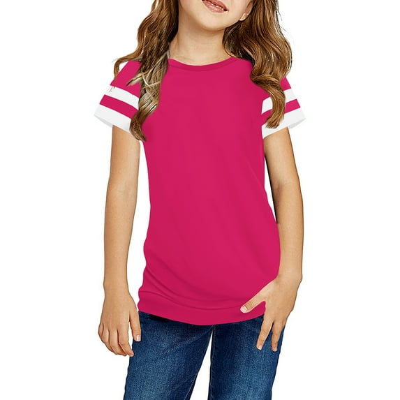 Girls Casual Short Sleeve T Shirts Kids Loose Tunic Tops, Color Block Tee Blouses Size 4-15"