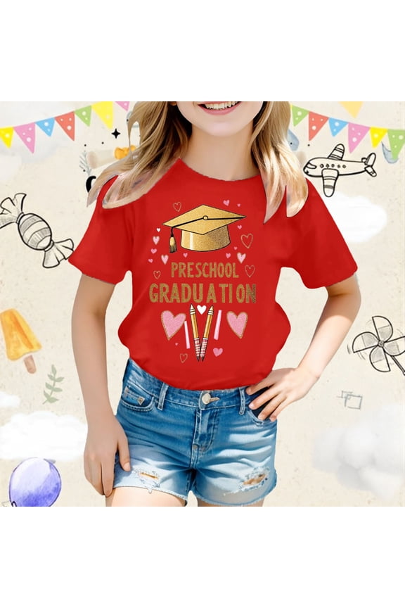 Girls Casual Short Sleeve Tee for Everyday Wear Graduation Photo Outfit Spring Summer Fall Comfortable Breathable Loose Fit Top for Kids, 8-9 Years, Red