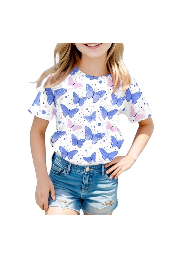 Girls Casual Short Sleeve Tee with Print Design Comfortable Everyday Top for Kids T-Shirts Kids Short Sleeve Crewneck Solid Basic Tees Casual Tops