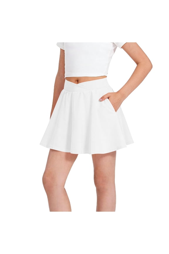 Girls Casual Skirts Skater Skirt Girls Stretchy Casual Mini Flared Cheer Sporty Tennis Golf Skirts with Pockets White 12-13Y