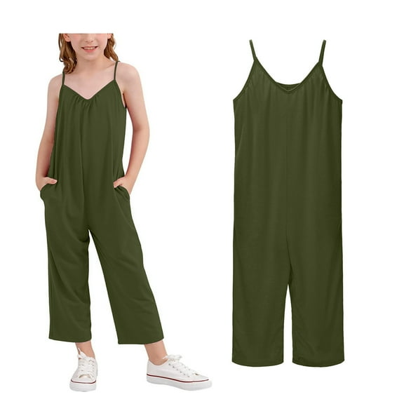 Girls' Casual Sleeveless Jumpsuits Army Green with Pockets Summer Outfits for Girls Girls Jumpsuits Size 10-11 Years Girls Fashion