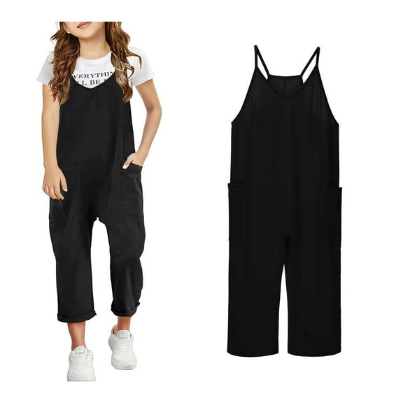 Girls' Casual Sleeveless Jumpsuits Black Overalls with Side Pockets Summer Clothes for Teens Girls' Fashion 6-7 Years Girls Fashion
