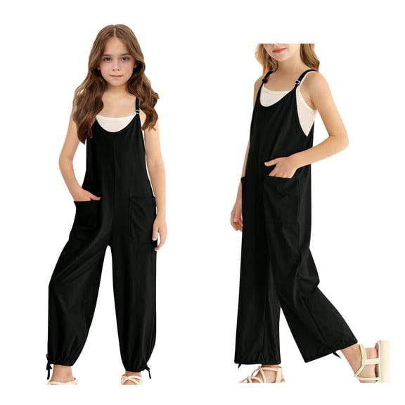 Girls' Casual Sleeveless Jumpsuits Black Overalls with Side Pockets Toddler Girl Summer Outfits Preppy Clothes 5-6 Years Girls Fashion