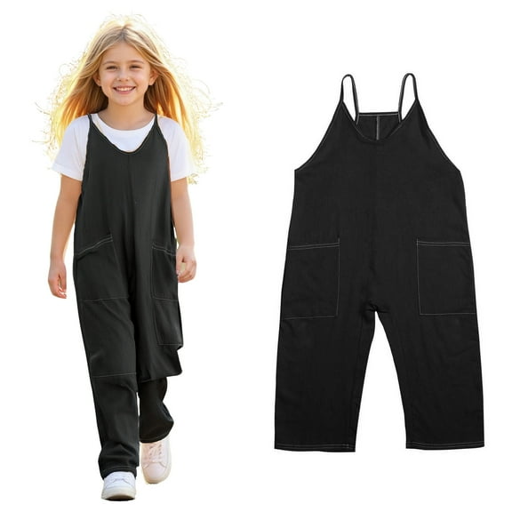 Girls' Casual Sleeveless Jumpsuits Black with Pockets Summer Clothes for Girls Girls Clothes Size 10-11 Years Girls Fashion