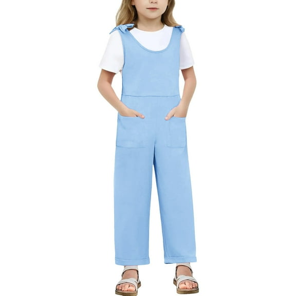 Girls' Casual Sleeveless Jumpsuits Blue Rompers with Pockets Cute Summer Clothes Girls Fashion 9-10 Years Girls Fashion