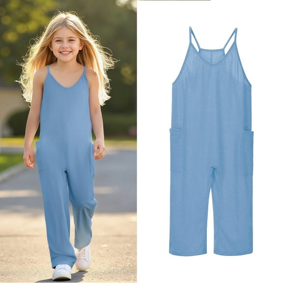 Girls' Casual Sleeveless Jumpsuits Blue with Pockets Summer Outfits for Girls Cute Teen Clothes 8-9 Years Girls Fashion