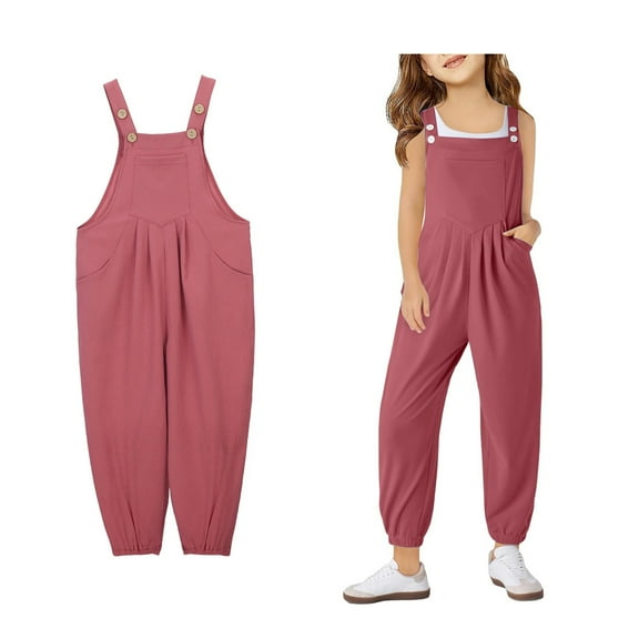 Girls' Casual Sleeveless Jumpsuits Brick Red Loose Rompers Girls Summer Outfits Preppy Clothes 7-8 Years Girls Fashion