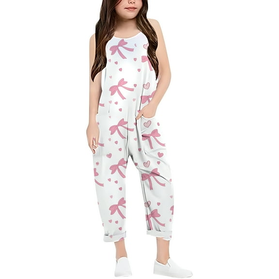Girls' Casual Sleeveless Jumpsuits Cute Summer Clothes Rompers With Pockets Bowknot Kids Clothes Girls Size 7-8 years