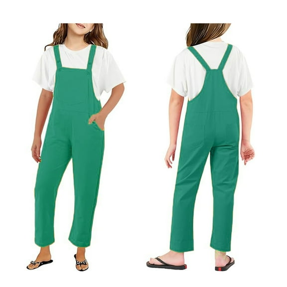 Girls' Casual Sleeveless Jumpsuits Green Overalls with Side Pockets Summer Clothes for Teens Girls Outfit 3-4 Years Girls Fashion