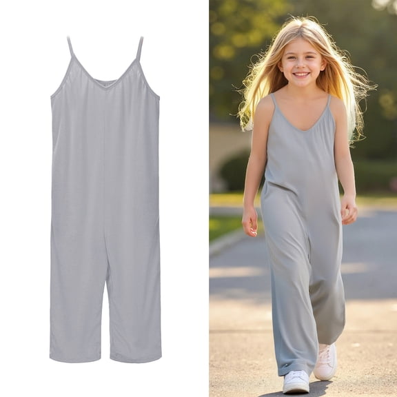 Girls' Casual Sleeveless Jumpsuits Grey Loose Rompers Summer Clothes for Teens Cute Clothes for Girls 12-13 Years Girls Fashion