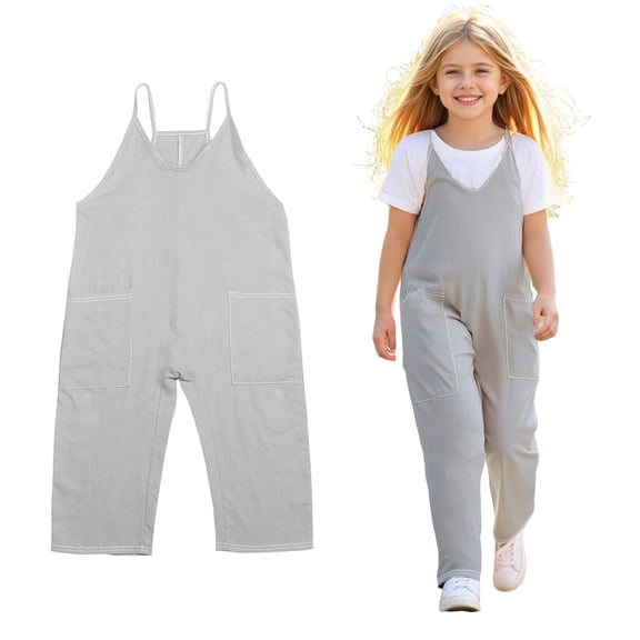 Girls' Casual Sleeveless Jumpsuits Grey with Pockets Summer Rompers for Girls Clothes for Girls 4-5 Years Girls Fashion