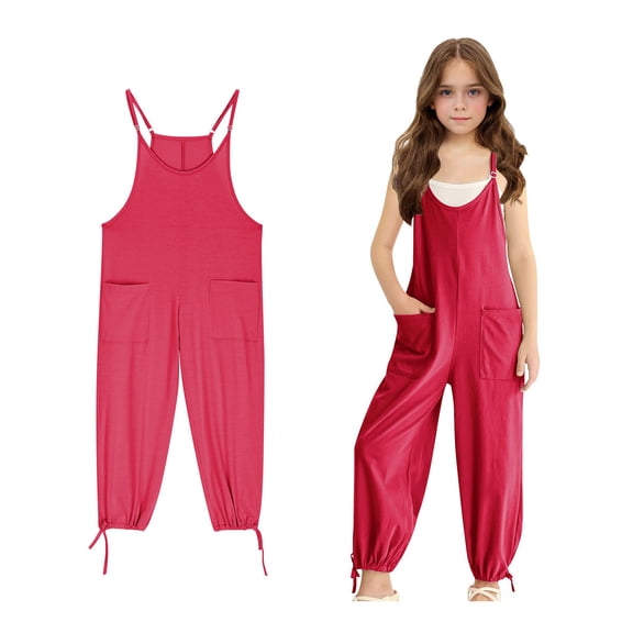 Girls' Casual Sleeveless Jumpsuits Hot Pink Overalls with Side Pockets Summer Rompers for Girls Cute Teen Clothes 11-12 Years Girls Fashion