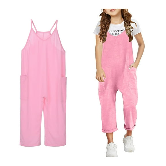 Girls' Casual Sleeveless Jumpsuits Pink Overalls with Side Pockets Toddler Girl Summer Outfits Clothes for Girls 8-9 Years Girls Fashion