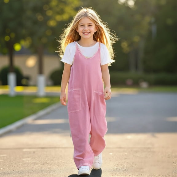 Girls' Casual Sleeveless Jumpsuits Pink Rompers with Pockets Summer Outfits for Girls Girls Jumpsuits Size 4-5 Years Girls Fashion