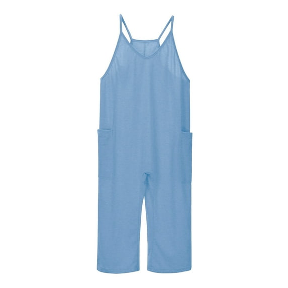 Girls Casual Sleeveless Jumpsuits Spaghetti Strap Loose Overalls Rompers Long Pants With Pocket 1 Piece Overalls Blue for 6-7 Years