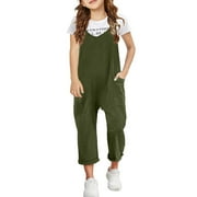 GAQLIVE Girls Casual Sleeveless Jumpsuits Spaghetti Strap Loose Overalls Rompers Long Pants With Pocket One-Piece Overalls Casual Rompers 8Y-10Y