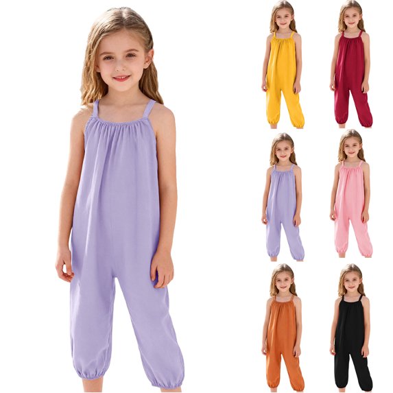 Girls' Casual Sleeveless Jumpsuits Spaghetti Strap Loose Romper Long Pants with Pockets 6 Months Purple