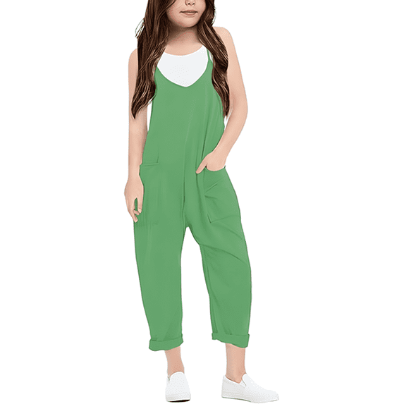 Girls' Casual Sleeveless Jumpsuits Spaghetti Strap Loose Romper Long Pants with Pockets,9-10Years Green