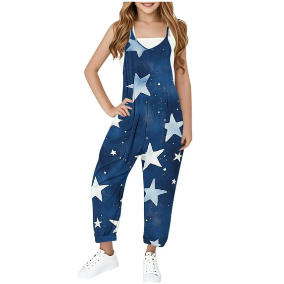 Girls Casual Sleeveless Jumpsuits Spaghetti Strap Loose Romper Overalls Long Pants with Pockets