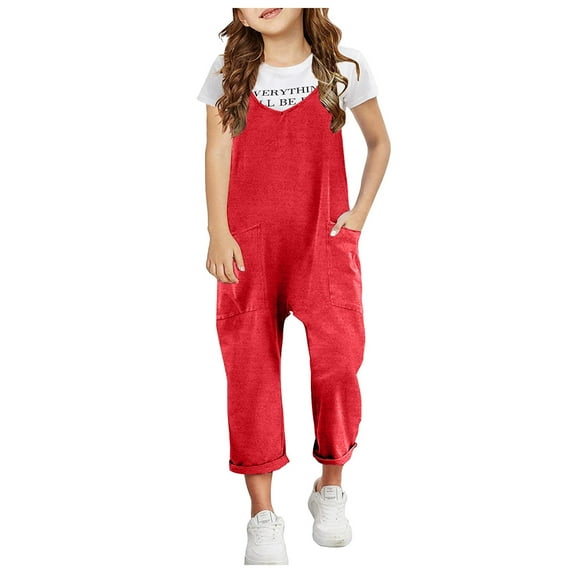 Girls Sleeveless Jumpsuits Casual Rompers V-neck Spaghetti Strap Loose Rompers Solid Long Pants with Pockets Straight Wide Leg Pants Outfits for Toddler Kids 6T