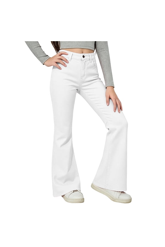 Girls Casual Solid Color Flare Pants Kids Mid Waist Slim Bell Bottom Denim Trousers Soft Stretchy Streetwear Long Pants for School Daily Wear(White,11-12 Years)