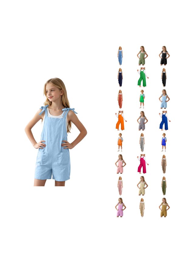 Girls Casual Solid Color Loose Fit Suspenders Overalls With Pockets And Adjustable Straps