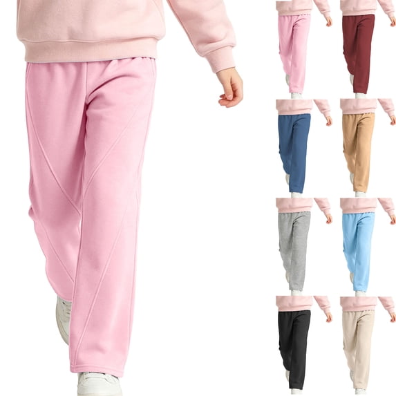 Girls Casual Straight Leg Pants Solid Color Elastic Hight Waist Sweatpants Loose Fit Everyday Pants