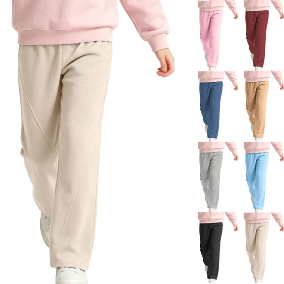 Girls Casual Straight Leg Pants Solid Color Elastic Hight Waist Sweatpants Loose Fit Everyday Pants
