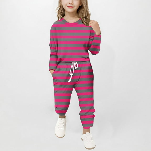 Girls Casual Striped Cute 2 Piece Outfits Long Sleeve Crewneck Pullover Tops Drawstring Pants Loungewear Sets New Elegant Two Piece Sets for Girls Pinks 5-6 Years