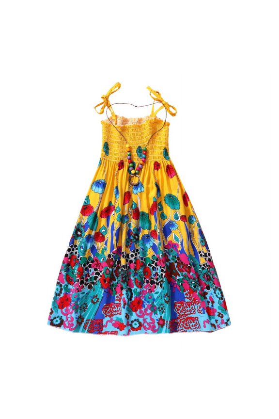 Girls Casual Summer Floral Beach Wear Boho Dress Spaghetti Strap Sundress Bohemian Dress Sleeveless Rainbow Beach Dress with Necklaces
