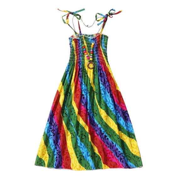 Girls Casual Summer Floral Beach Wear Boho Dress Spaghetti Strap Sundress Bohemian Dresses Sleeveless Beach Dresses with Necklaces