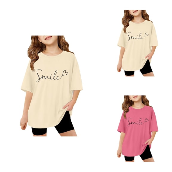 Girls Casual Summer Short Sleeve Tee Shirt, Oversized Crewneck Graphic Tees with Letter Print, Drop Shoulder Loose Top for Everyday Wear 3-14 Years