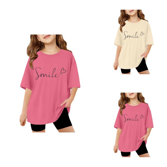 Girls Casual Summer Short Sleeve Tee Shirt, Oversized Crewneck Graphic Tees with Letter Print, Drop Shoulder Loose Top for Everyday Wear 3-14 Years