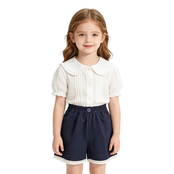 Girls Casual Summer Shorts Elastic High Waist Loose Cotton Short Pants with Side Pockets Soft Breathable Lightweight Bottoms for Kids Daily Wear(Navy,1-2 Years)