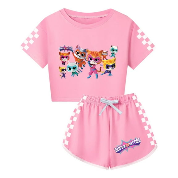 Girls Casual Summer T-Shirt Outfit Set– SuperKitties Cropped Top and Shorts – Kids Character Clothing