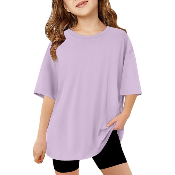 Girls Casual Summer Tees Short Sleeve Crewneck Basic Oversized Tops for Children Tween Kids Summer Soft Comfy Cute Basic Tees