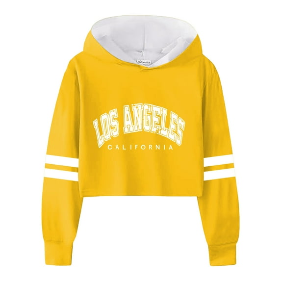 Girls Casual Sweatshirt Loose Fit Hooded Short Pullover with Letter Print and Striped Sleeves Soft Activewear Crop Top for Teens