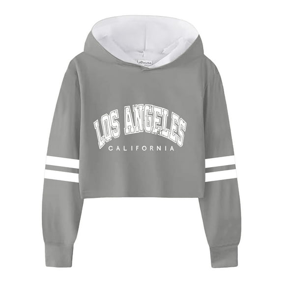 Girls Casual Sweatshirt Loose Fit Hooded Short Pullover with Letter Print and Striped Sleeves Soft Activewear Crop Top for Teens