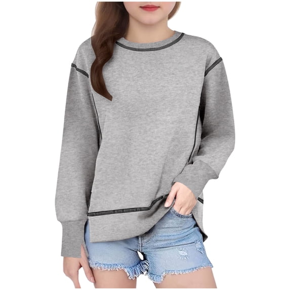 Girls Casual Sweatshirts Crewneck Long Sleeve Cute Sweatshirt Solid Color Loose Comfortable Pullover Tops Gray 8 Years