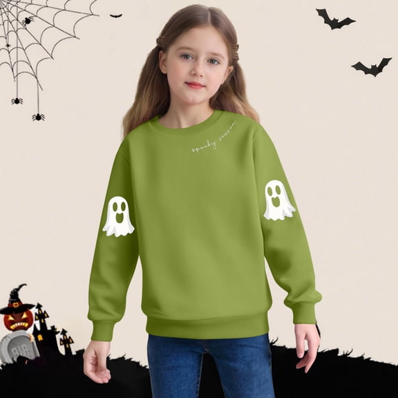 Girls Casual Sweatshirts New Cute Spooky Sweatshirts Kids Halloween Crewneck Long Sleeve Ghost Printed Pullover Tops for Girls Boys Green 5 Y