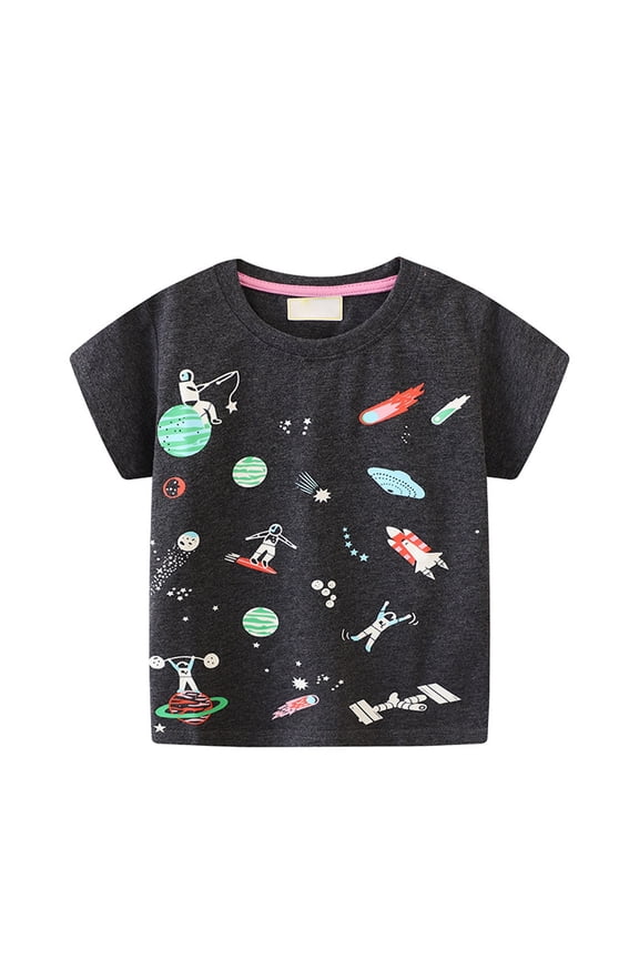 Girls Casual T-Shirt Luminous Astronaut Planet Spaceship Short Sleeve Cotton Cartoon Toddler Boy Shirts,Size 6 Years-7 Years